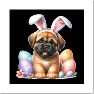 Puppy Mastiff Dog Bunny Ears Easter Eggs Happy Easter Day Posters and Art